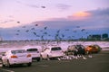 Seagulls flying over cars parked on ocean coastline.