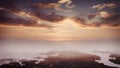 seagulls flying over a misty coastline at sunset Royalty Free Stock Photo