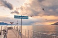 Seagulls Flying in Stormy Overcast Sky over Lake Leman and Vevey Jetty EmbarcadÃÂ¨re Royalty Free Stock Photo