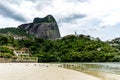 seagulls flying underneath bridge in the point where the sea meets the Marapendi Lagoon, in Barra da Tijuca, Rio de Janeiro Royalty Free Stock Photo