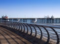 Seagulls perched on railings on the promenade in blackpool with the north pier in the background on a sunny summers day