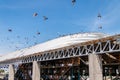 Seagulls, pigeons resting on white metal roof. recycling plant. Bordo de xochiaca