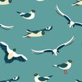 The seagulls. Seamless pattern with sea birds in the style of flat. Royalty Free Stock Photo