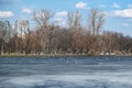 Seagulls sit on the ice in the city Park