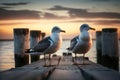 Seagulls Standing on the Pier during Sunset