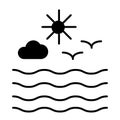 Seagulls and sun with clouds solid icon. Waves and seagulls vector illustration isolated on white. Ocean glyph style