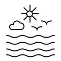 Seagulls and sun with clouds thin line icon. Waves and seagulls vector illustration isolated on white. Ocean outline