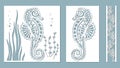 Seahorse, algae, Kelp, Brown alga, Posidonia. Vector illustration. Laser cut. Set template for laser cutting and Plotter. Vector Royalty Free Stock Photo