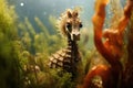 Seahorse in the aquarium. Underwater world. Underwater world, A close-up of a seahorse navigating through underwater vegetation, Royalty Free Stock Photo