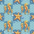 Seahorse cartoon, starfish. Sea wave and air bubbles. Marine checkered background. Seamless pattern. Royalty Free Stock Photo