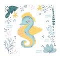 Seahorse cute doodle hand drawn flat vector illustration. Wild sea marine animal vector, poster floral background. Grass branches