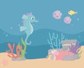 Seahorse fishes sand stones bubbles life coral reef cartoon under the sea Royalty Free Stock Photo