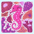 Seahorse hand drawn illustration. Square cartoon poster of pink ocean animal with sea plants, coral, shell. Childish t shirt print Royalty Free Stock Photo