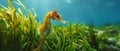 Seahorse Hippocampus jayakari camouflaged in seagrass in its natural habitat. Concept Marine Life, Royalty Free Stock Photo