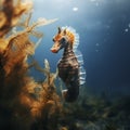 a seahorse holding onto seaweed