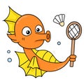 Seahorse holding a racket playing badminton, doodle icon image kawaii