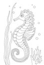 Cute seahorse coloring book page for kids. Cartoon cute marine wild animals, sea elements. illustration. Black and white hand