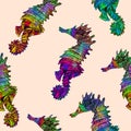 Seahorse illustration, hand painted colorful abstract watercolor  splashes, hand painted watercolor illustration, seamless pattern Royalty Free Stock Photo