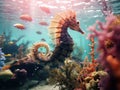 Seahorse in seabed among multicolored corals and fish in transparent sea water.