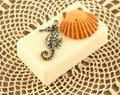Seahorse pentant and a seashell on a bar of soap. Royalty Free Stock Photo