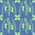 Seahorse and seaweed seamless pattern