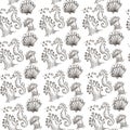 Seahorse and shell, seaweed underwater flora and fauna seamless pattern Royalty Free Stock Photo