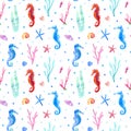 Seahorse, shell, starfish, coral and bubbles seamless pattern.