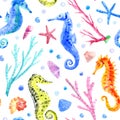Seahorse, shell, starfish, coral and bubbles seamless pattern.