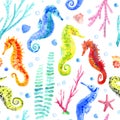 Seahorse, shell, starfish, seaweed, coral and bubbles seamless pattern.