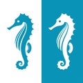 Seahorse silhouette in blue and white colors.