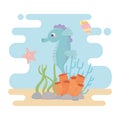 Seahorse starfish snail life coral reef cartoon under the sea Royalty Free Stock Photo