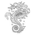 Seahorse unicorn. Black and white. Vector