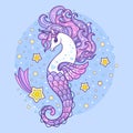 Seahorse unicorn with long mane. A magical sea animal. Vector