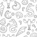 Seahorses, shells. Tropical beach seamless pattern. Outline ocean animals. Vector.