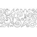 Seahorses, shells. Tropical beach seamless pattern. Outline ocean animals. Vector. Royalty Free Stock Photo