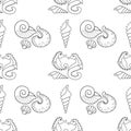 Seahorses, shells. Tropical beach seamless pattern. Outline ocean animals. Vector. Royalty Free Stock Photo