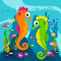 Seahorses swimming underwater. Vector illustration