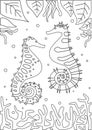 Seahorses white background as coloring page, outline vector stock illustration with ocean and animal as anti stress therapy for Royalty Free Stock Photo