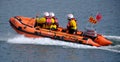 Seahouses, Northumberland, UK. June 2022. Inshore rescue boat going out on a shout.