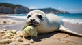 Adorable Seal Pup Enjoying Cauliflower on Sandy Beach Royalty Free Stock Photo