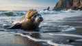 Adorable Seal with Bread Hat on the Beach Royalty Free Stock Photo