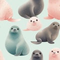 Seal cute plush Seamless Pattern. Fluffy, furseal tile in pastel colors. Illustration with seals, animal background for Royalty Free Stock Photo