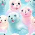 Seal cute plush Seamless Pattern. Fluffy, furseal tile in pastel colors. Illustration with seals, animal background for Royalty Free Stock Photo