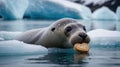 Adorable Leopard Seal Enjoying a Heart-Shaped Cookie in Icy Waters Royalty Free Stock Photo