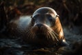 a seal is laying in the water and looking at the camera with a sad look on his face and eyes, with his head resting on the