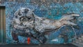 Seal pup, Camara de Lobos city street art from recycled materials by famous Portuguese artist Bordalo II, Madeira, Portugal,