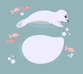 Seal pup with speech bubble on neutral background with fish and bubbles. Vector illustration with lying seal animal in a flat