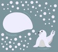 Seal pup with speech bubble and snowflakes on neutral background. Vector illustration with sitting seal animal in a flat style.
