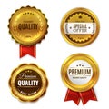 Seal quality labels gold badges. Sale and discount golden 3d medals with red ribbons, premium stamps and genuine Royalty Free Stock Photo