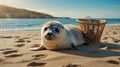 Adorable Seal Pup on Sandy Beach with Wicker Basket Royalty Free Stock Photo